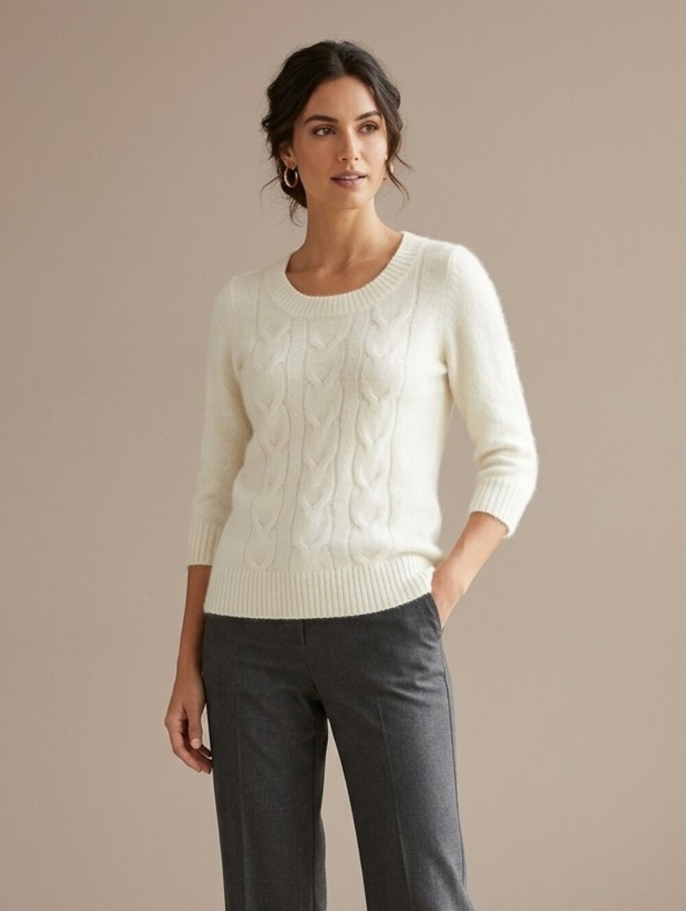 Kenar Angora Rabbit Hair Blend Sweater 3/4 Sleeve White